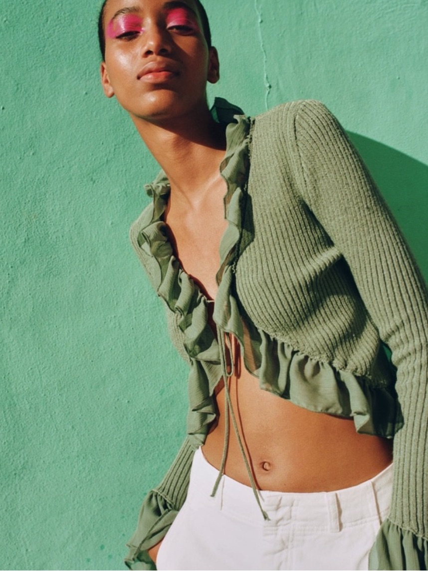 Zara Sage Green Ruffle-Trim Knit Cardigan Size Medium